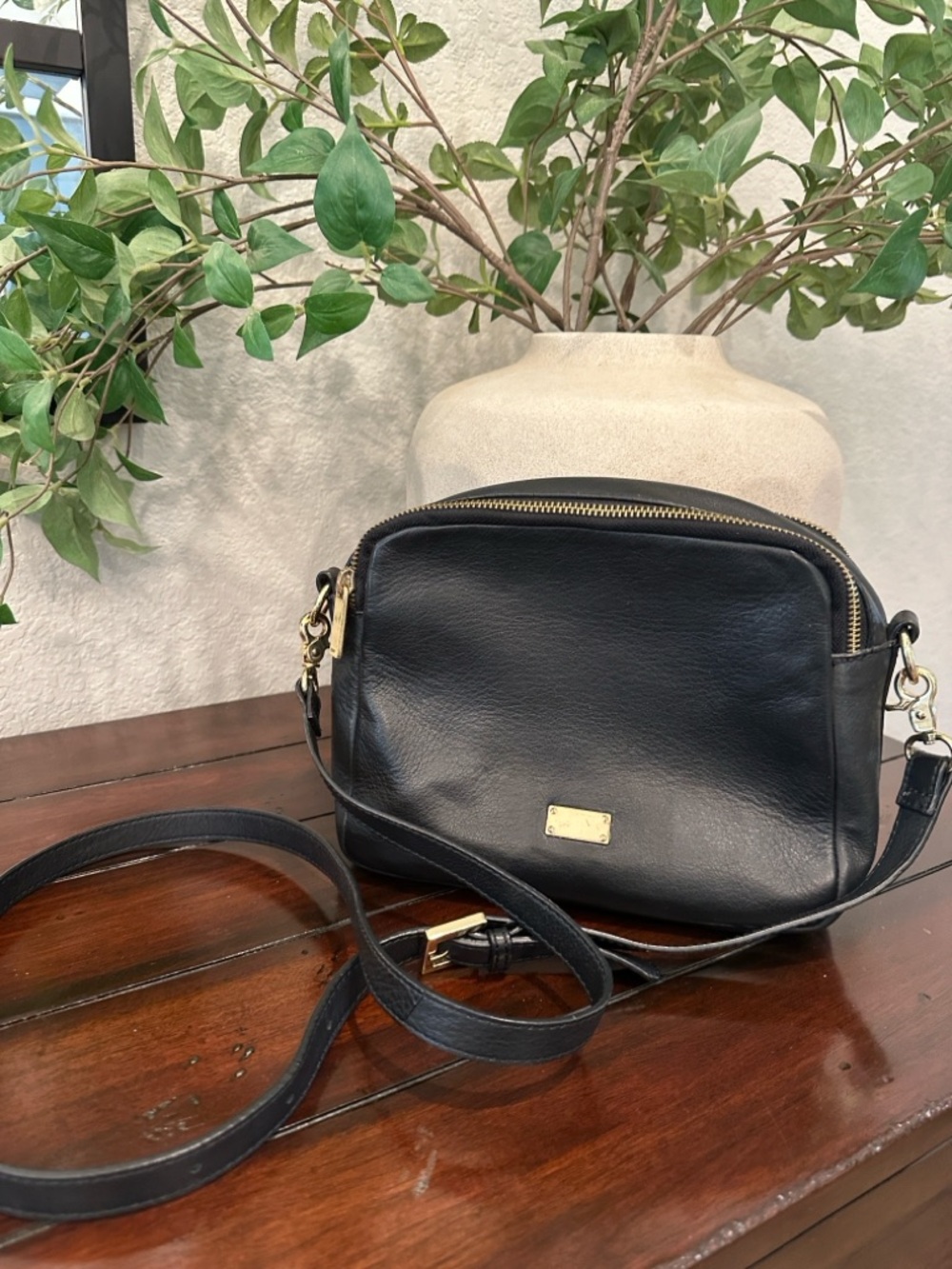 Collection XIIX Black Leather Crossbody with Gold Plate Detail